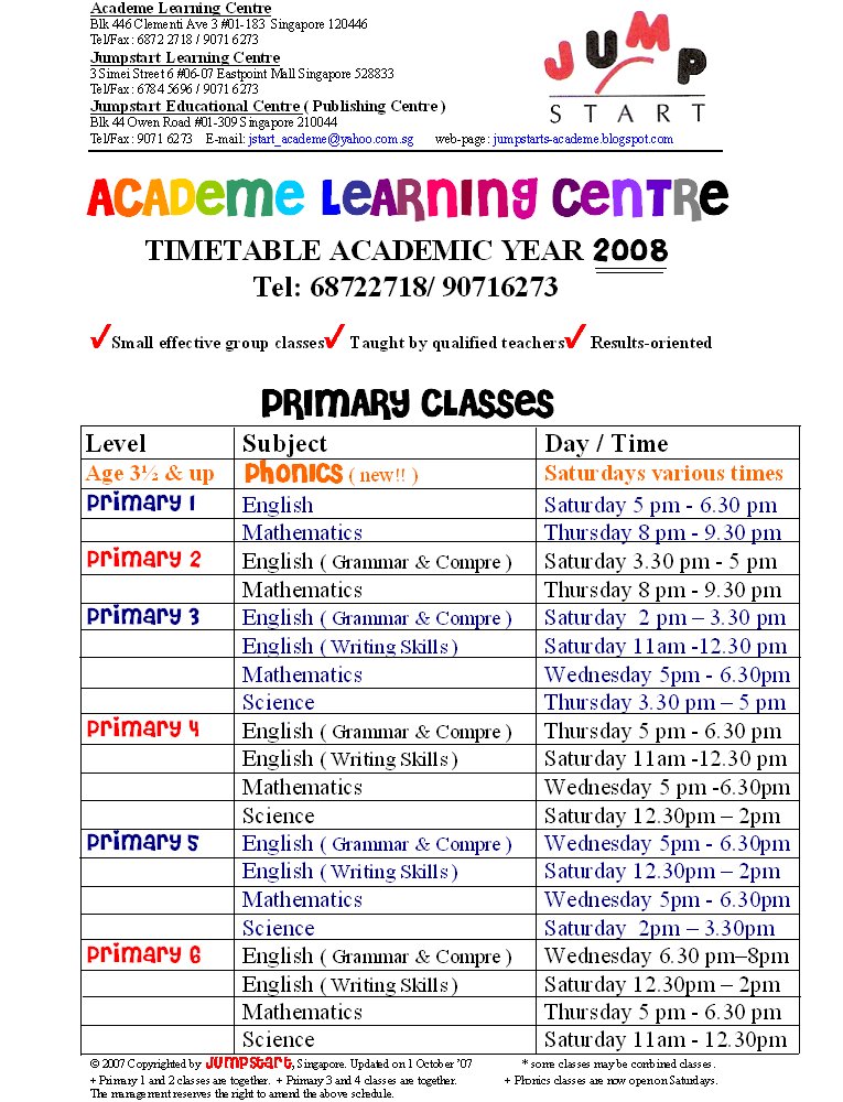 Academe Learning Centre Academic Timetable 2008 (PRIMARY)