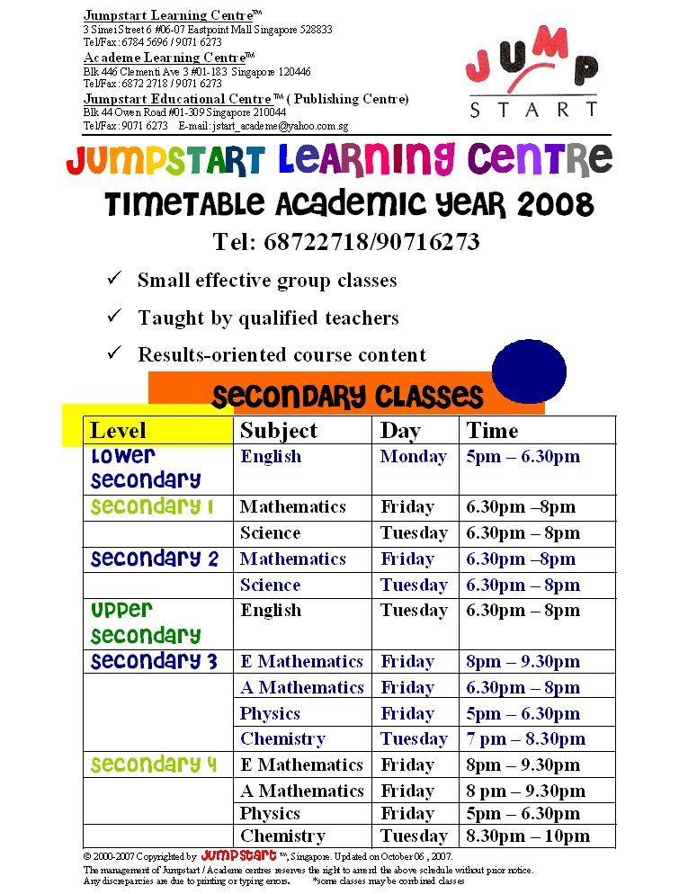 Jumpstart Learning Centre Academic Timetable 2008 (SECONDARY)
