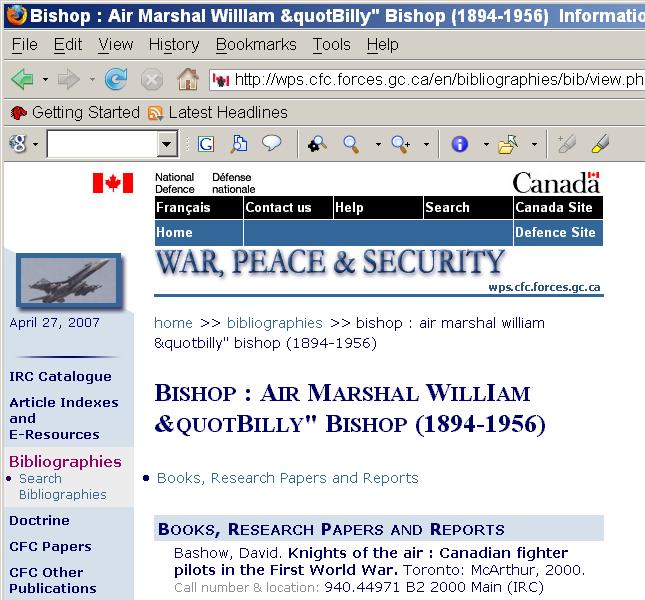 Mangled headline, war hero Billy Bishop webpage with errors by DND National Defence