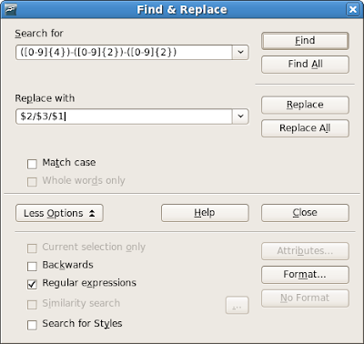 The find and replace dialog demonstrates how to use a regular expression (also called a regex, regexp) with backreference substitutions (backward references, subexpression substitutions, or submatches)