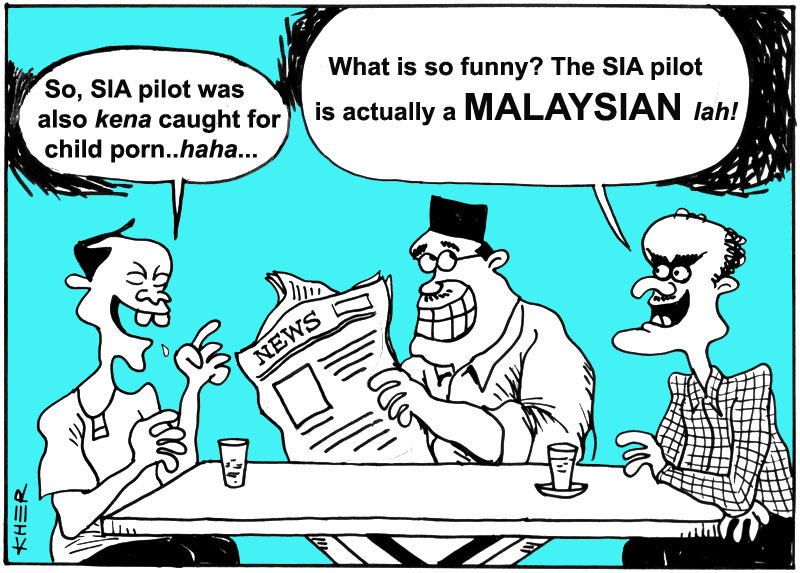 malaysia cartoon drawn by kher making fun at the sia pilot being caught for child porn in adelaide