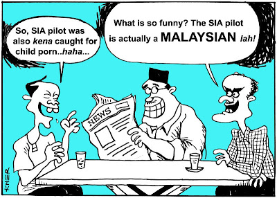 malaysia cartoon drawn by kher making fun at the sia pilot being caught for child porn in adelaide