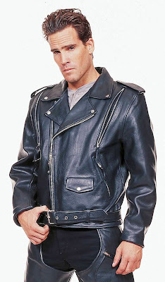 Cool guy with black leather jacket & black leather harness