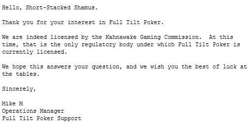 My query to Full Tilt Poker