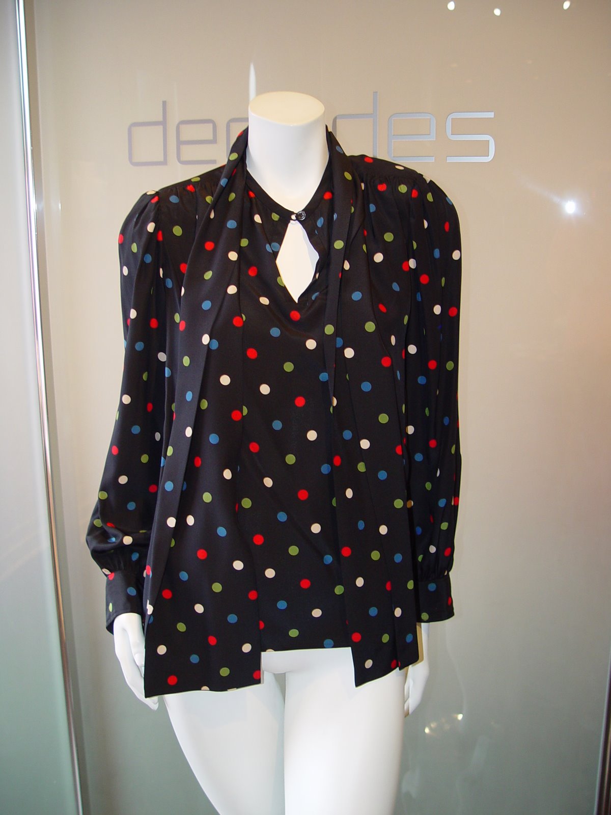 [YSL+RIVE+GAUCHE+BLACK+SILK+TIE+FRONT+80S+BLOUSE+WITH+PRIMARY+COLOR+POLKA+DOTS+GATHERED+SHOULDER+AND+GATHERED+EMPIRE+SEAM+MARKED+SIZE+34.JPG+(1).JPG]