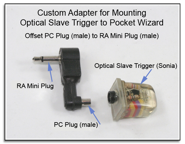 CP1048: Custom Adapter Mounting Optical Slave Trigger to PW - Closup View (Offset PC Plug to RA Mini Plug