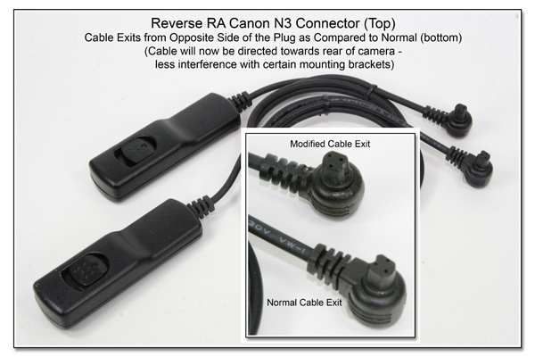 Reverse RA Canon N3 Connector-Cable exits opposite of plug compared to the normal exit to prevent interference with many rotator mountings