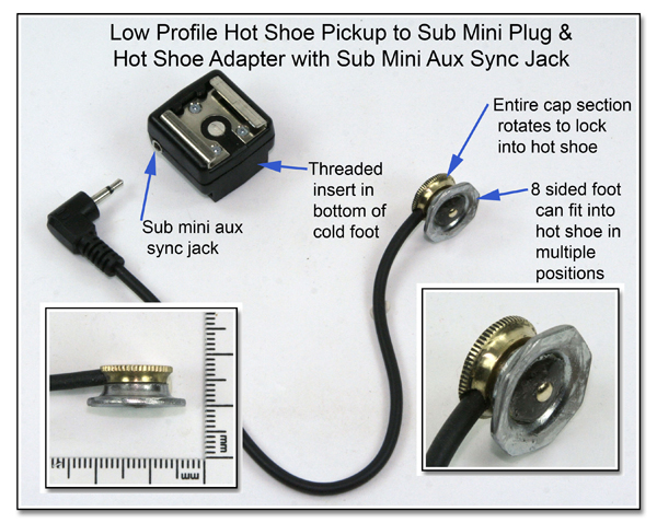 HS1010 (CP1077): Low Profile Hot Shoe Pickup to Sub Mini Plug / Hot Shoe Adapter with Sub-Mini Aux Sync Jack
