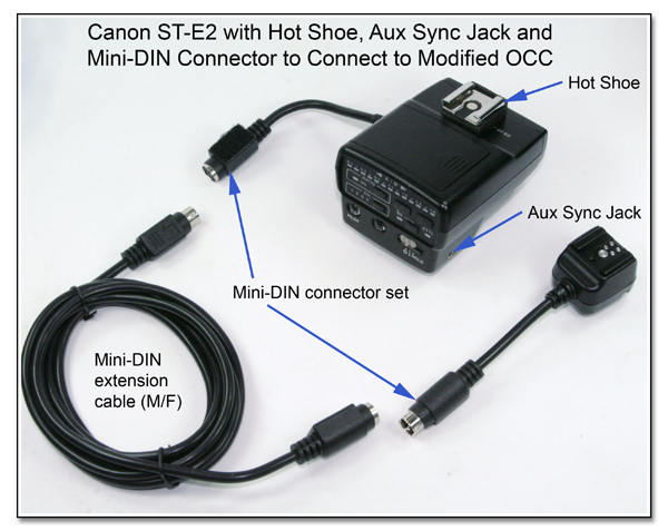 OC1006: Canon ST-E2 with Hot Shoe, Aux Sync Jack and Mini-DIN Connector to Modified OCC
