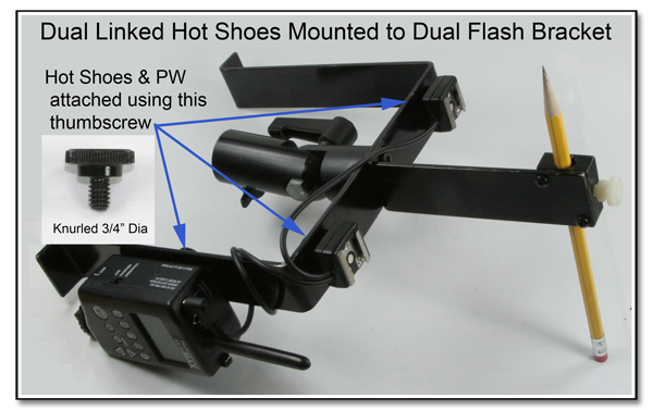HS1014: Dual Linked Hot Shoes Mounted to Dual Flash Bracket