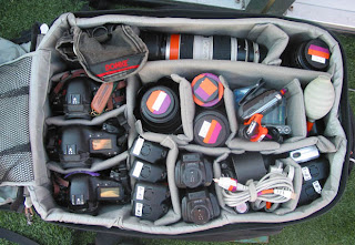 a bag full of camera lenses and lenses