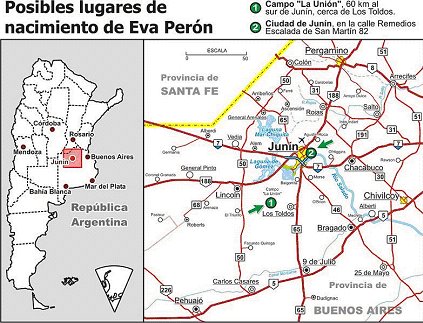 Mapa de los posibles lugares de nacimiento de Eva Perón
