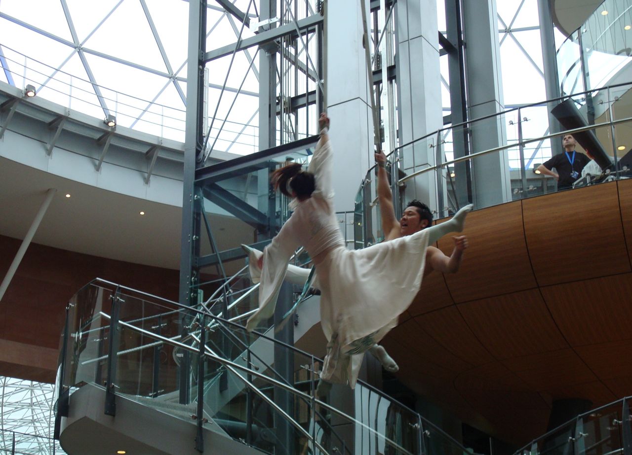 Aerialists Bolo and Gema from Cirque Bijou at Victoria Square opening