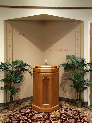 Saint Gianna (temporary) Roman Catholic Church, in Lake Saint Louis, Missouri - baptismal font