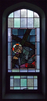 Sainte Genevieve du Bois Roman Catholic Church, in Warson Woods, Missouri, USA - stained glass window station of the cross
