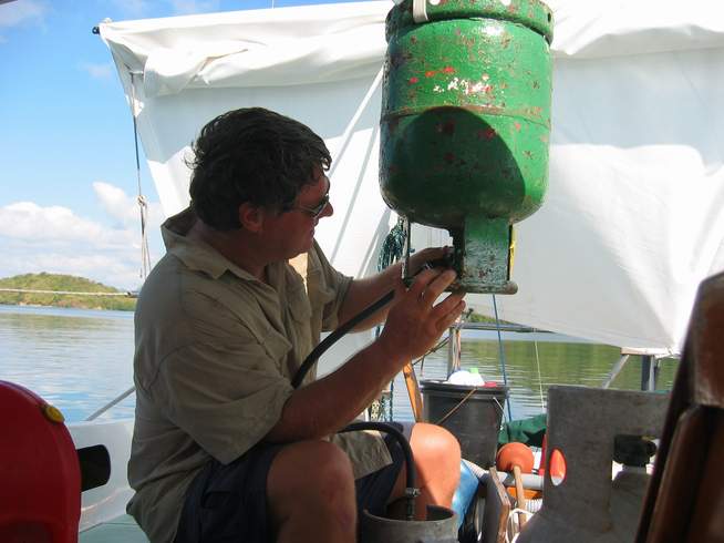 An example of one of the less romatic aspects of sailing, filling the propane tanks