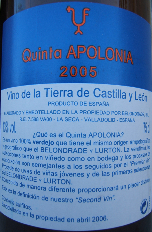 Contraetiqueta de la botella de vino Quinta Apolonia 2005