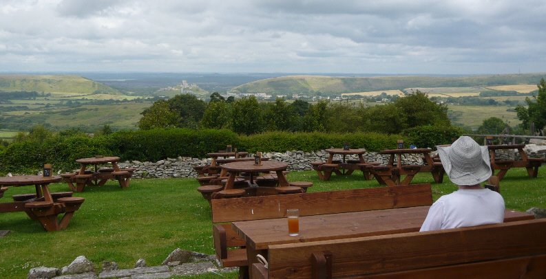 View from pub garden down to Corfe Castle