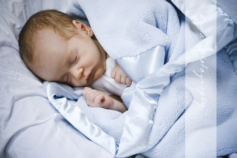 Newborn wrapped in a blue blanket at lifestyle newborn portraits in Grass Valley, California