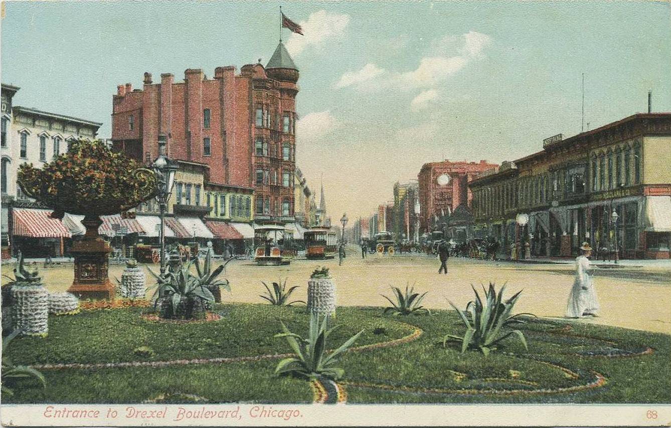 [POSTCARD+-+CHICAGO+-+DREXEL+BLVD+ENTRANCE+-+STORES+WITH+AWNINGS,+STREETCARS,+PEOPLE+-+NICE+-+EARLY.jpg]