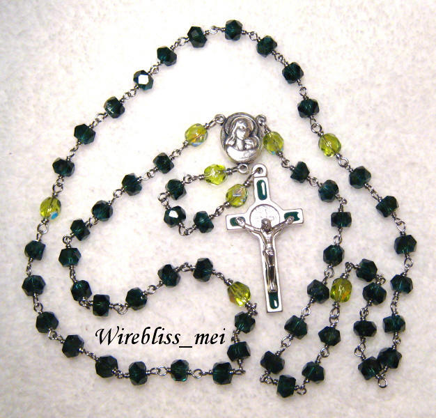 Wire wrapped Rosary with deep emerald faceted crystal rondelles and lime colored Czechs fire polished beads