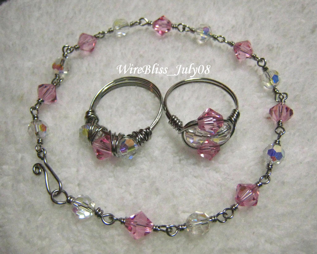 wire wrap bracelet and rings with stainless steel wires and Swarovski Crystals