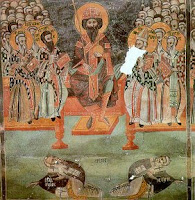A fresco in the church of St Sozomenos, Galata, Cyprus by Symeon Axenti (1513) showing the emperor excommunicating Nestorius and another heretic.