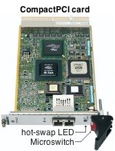 CompactPCI card showing microswitch and hot-swap LED