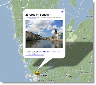 Ein Screenshot zeigt GoogleMaps mit derKarte von Göteborg. Ein PopUp gibt Wetterinformationen zu diesem Ort