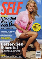 picture of cover of self magazine with rebecca romijn featured on the cover wearing a pink blouse, white shorts, pink bathing suit top and two necklaces