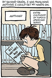 Comic frame of child Alison reading a biography of Eli Whitney