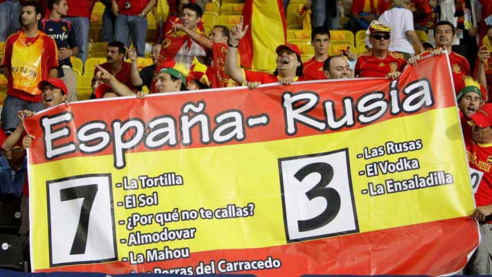 Pancarta da aficción española durante o partido España-Rusia disputado o 26 de xuño de 2008, antes de coñecer o resultado final do encontro