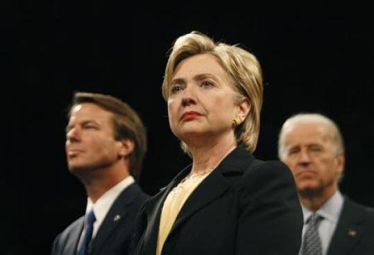Hillary Clinton stands with John Edwards and Joe Biden