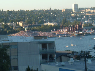 Crowd gathered at Gasworks Park to watch the Fireworks.  The rest of the crowd was on countless buildings around the lake, and countless boats in the lake.
