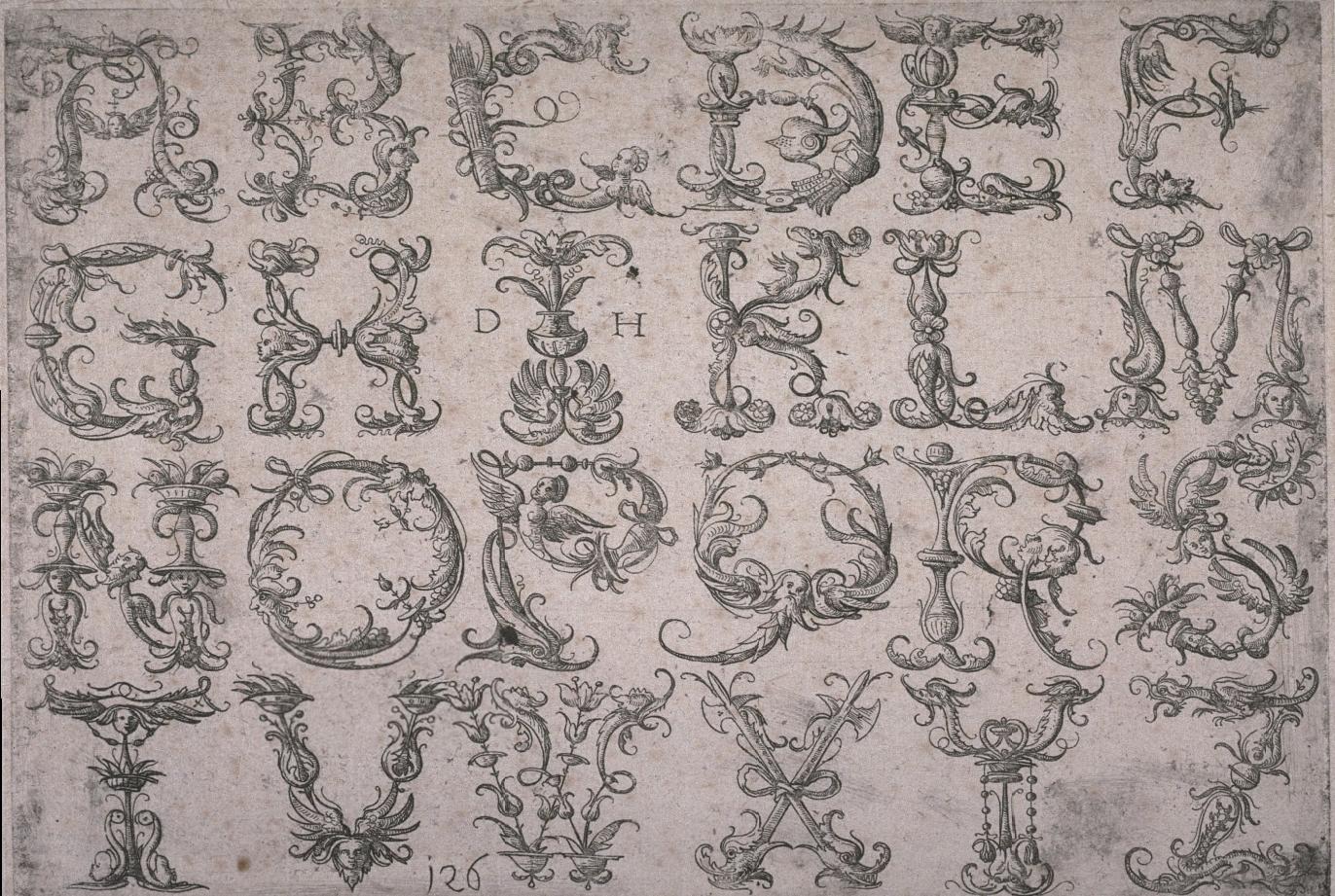 Alphabet of roman capital letters with metaphorical ornaments