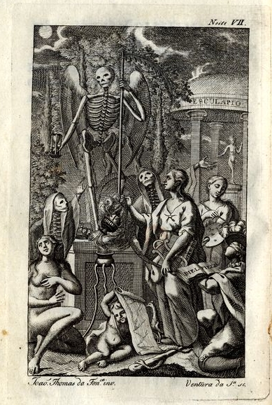 Skeleton statue allegory and worshippers