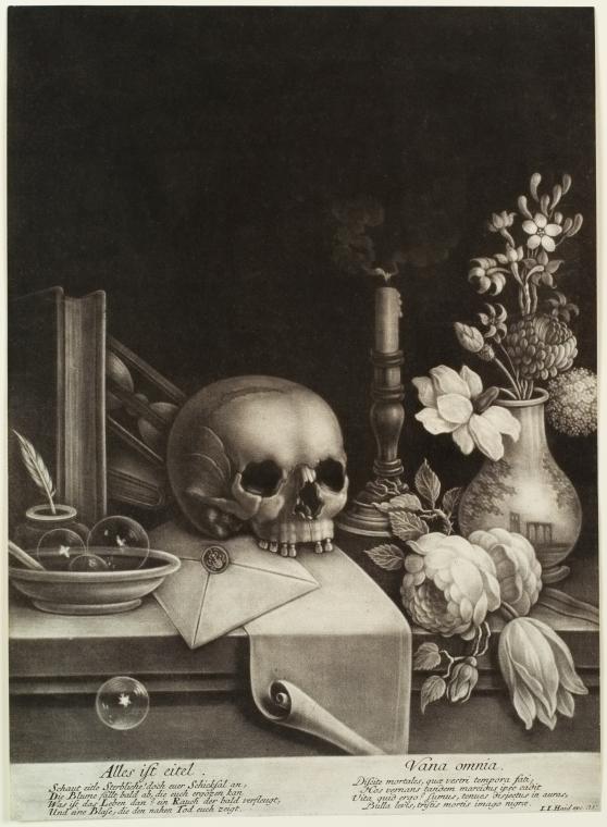 skull and flowers on cupboard