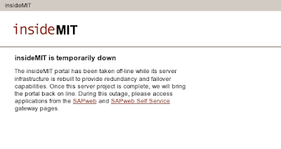 A screen dump from the 'insidemit.mit.edu' website with the text 'insideMIT is temporarily down'