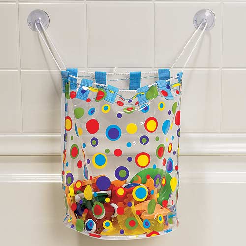 tub toy organizer bag with multi-colored polka dots