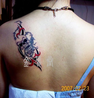 A tattoo showing a skull with tribal symbol as background.
