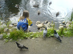 A cute girl feeding wild ducks and doves (I think!!), July 2007