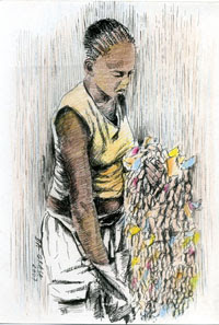 Menina vendendo rosário de mancarra