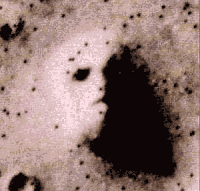 The original batch-processed photo (#35A72) of the 'Face on Mars' taken by the Viking 1 orbiter and released by NASA/JPL on July 25, 1976.