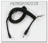 Long Coiled Sync Cord (5 ft, 15 ft) - PC Plug to Straight Mini Plug with Safety Clip