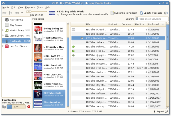 Banshee displaying, streaming, and downloading podcasts