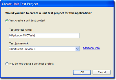 Diálogo de creación de un proyecto de tests