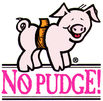 logo of No Pudge Fat Free Brownies with a pink smiling cartoon pig with a red tape measure wrapped around his tummy and the words No Pudge beneath the cartoon