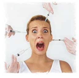 pretty woman with mouth wide open screaming as four gloved hands are injecting needles into her face